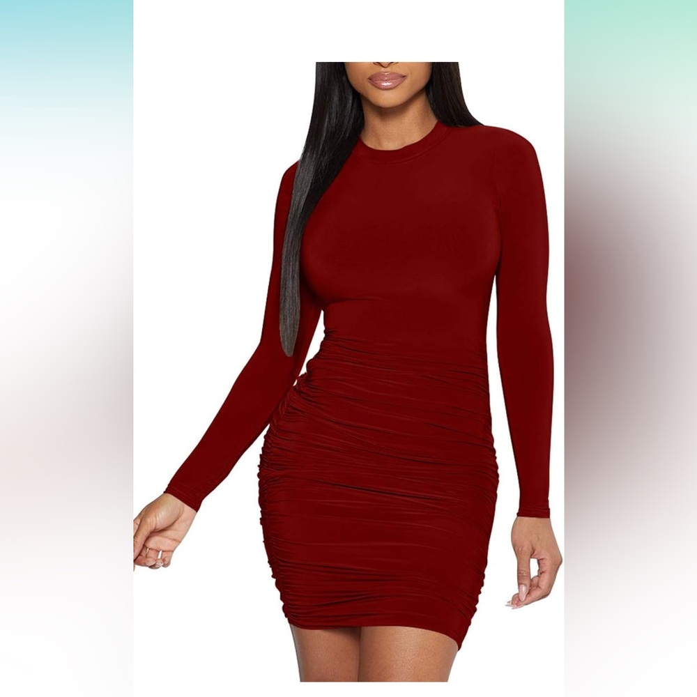 Mokoru Women's Sexy Basic Long Sleeve Ruched Bodycon Club Party Mini Dress~Large